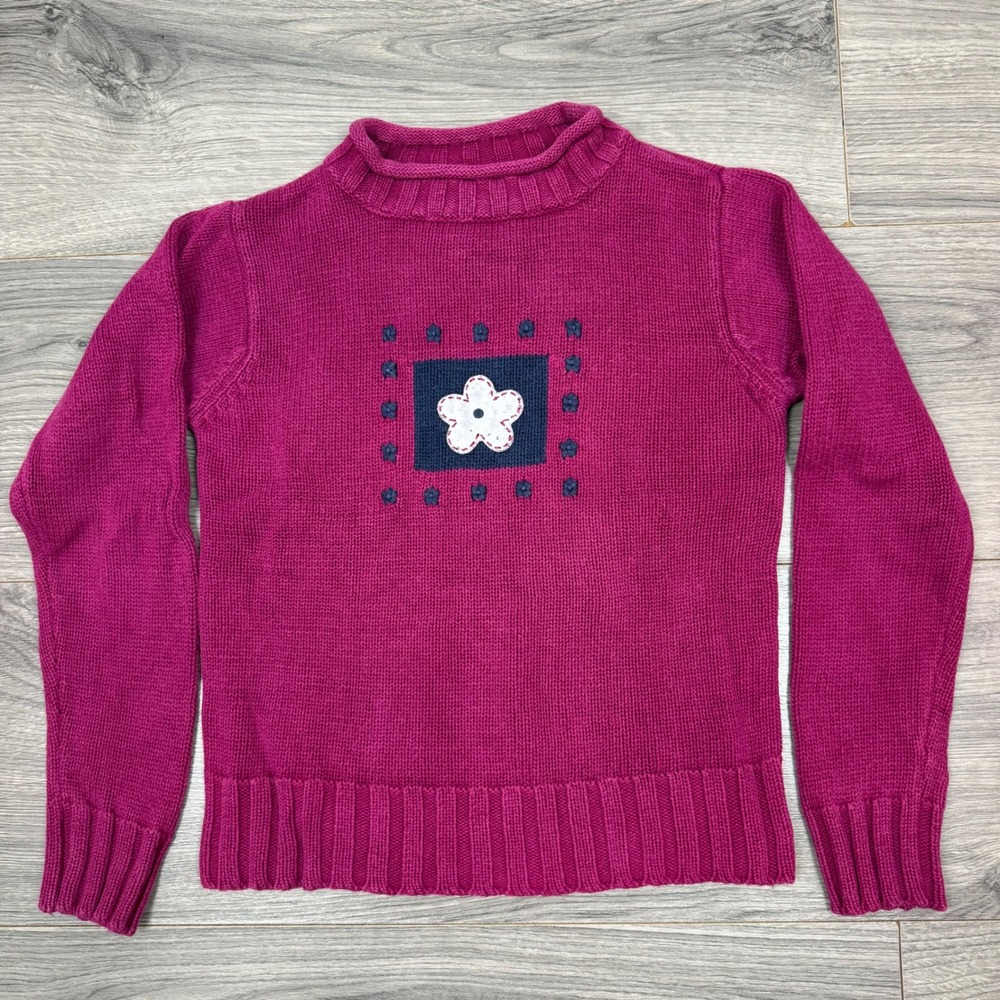 Y2K N Kids Girls Magenta Pink Cotton Knit Mock Neck Sweater Flower Patch Size 6X